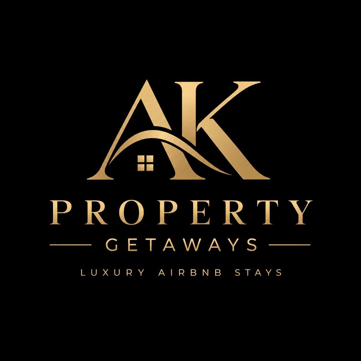 AK Property Getaways logo with gold lettering on black background, featuring luxury Airbnb stays branding