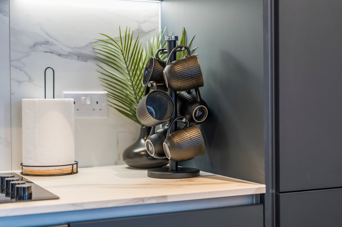 Kitchen countertop at Wedgewood with a wooden surface, a black spice rack, a paper towel holder and a potted plant